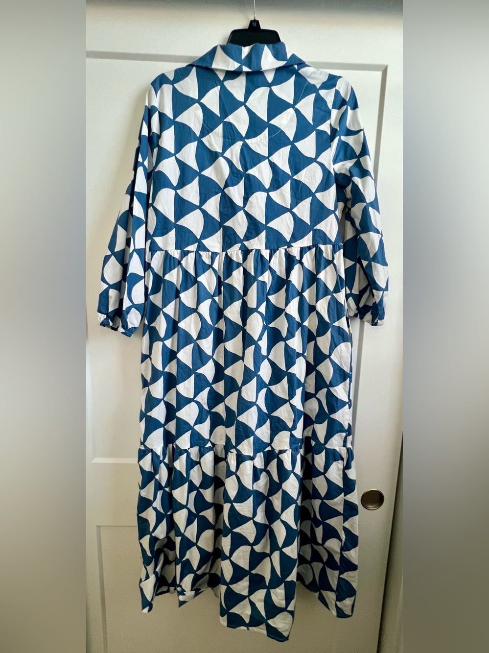Rachel Zoe Blue White Geometric Print Tiered Shirt Midi Dress Cotton M - Picture 5 of 7